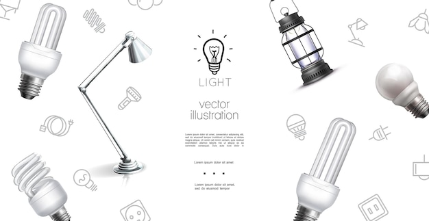 Vetor grátis modelo de objetos de iluminação realista com lâmpadas de lanterna e ícones de equipamentos de luz