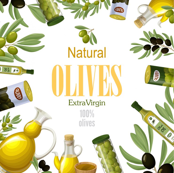 Vetor grátis modelo de oliva natural premium de desenhos animados com ramos de oliveira preto e verde latas tigelas potes potes e garrafas de óleo saudável