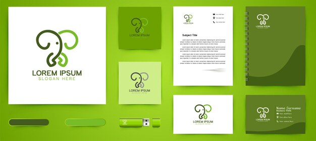 Modelo de pacote de marca comercial de logotipo de elefante de linha mono Projetos Inspiração isolada no fundo branco