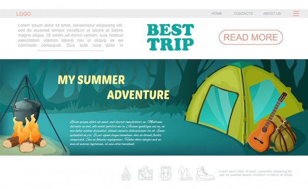Modelo de página da web acampamento dos desenhos animados com mochila de guitarra de barraca do menu de navegação e panela em chamas