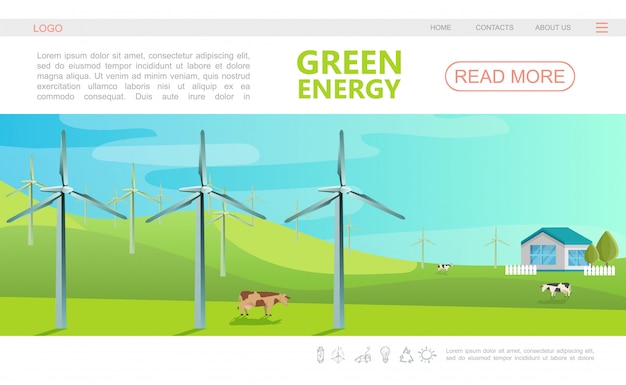 Modelo de página da web colorida de ecologia plana com menu de navegação, moinhos de vento, vacas e casa ecológica