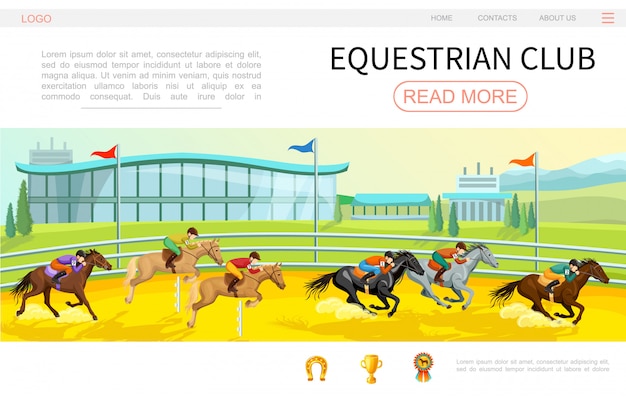 Modelo de página da web de competição equestre dos desenhos animados com jóqueis, andar a cavalo no estádio ferradura copa medalha ícones