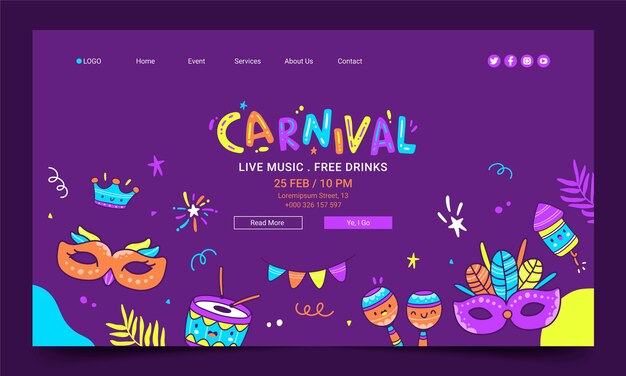 Modelo de página de aterrissagem de celebração de carnaval desenhada à mão