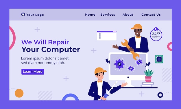 Vetor grátis modelo de página de destino da empresa de reparo de tecnologia plana