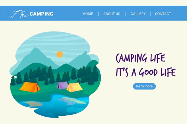 Modelo de página de destino de acampamento de design plano