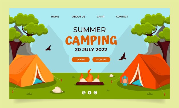 Modelo de página de destino de acampamento de verão plano