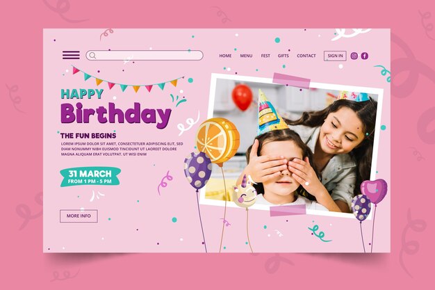 Modelo de página de destino de aniversário infantil