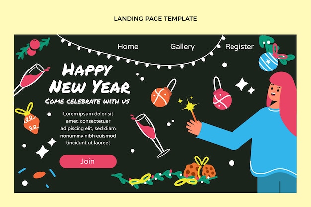 Vetor grátis modelo de página de destino de ano novo desenhado à mão
