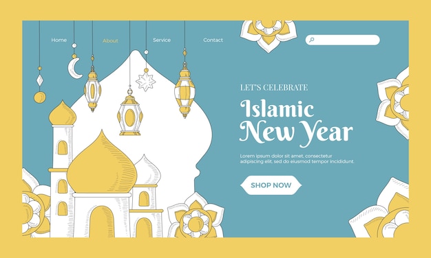 Modelo de página de destino de ano novo islâmico desenhado à mão