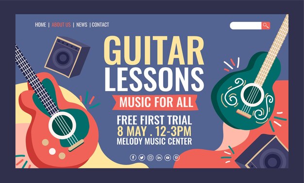 Modelo de página de destino de aulas de guitarra desenhadas à mão