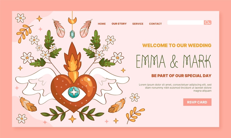 Vetor grátis modelo de página de destino de casamento boho desenhado à mão