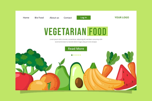 Modelo de página de destino de comida vegetariana de design plano