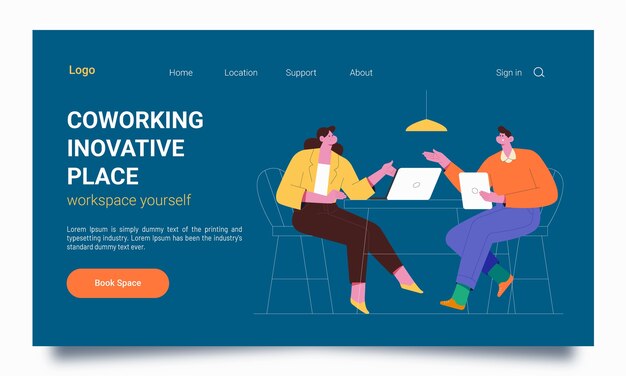 Vetor grátis modelo de página de destino de espaço de coworking plano