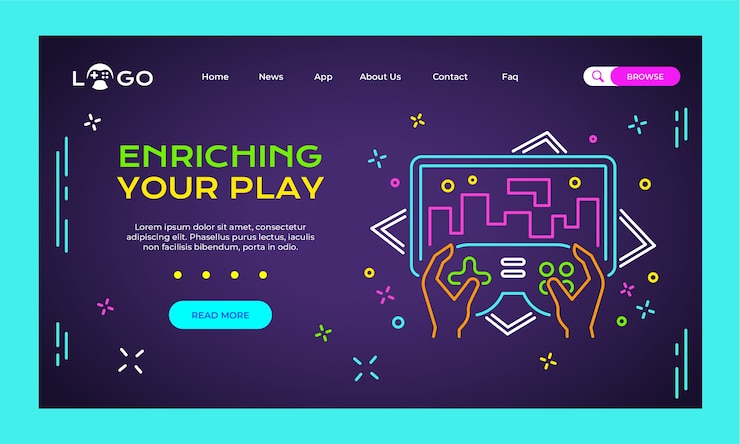 Vetor grátis modelo de página de destino de jogos de néon plano
