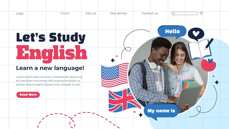 Vetor grátis modelo de página de destino de lições de inglês