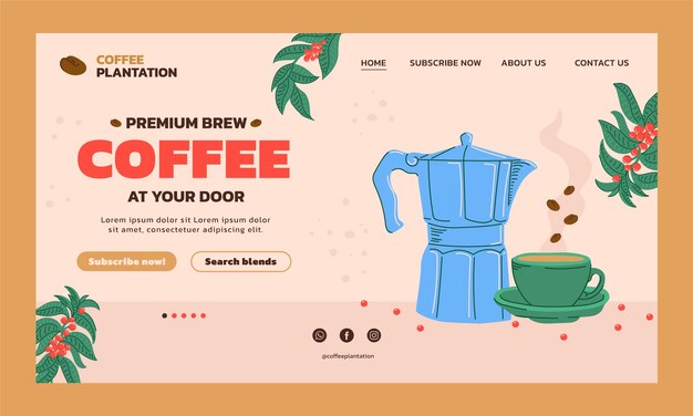 Modelo de página de destino de plantação de café desenhado à mão