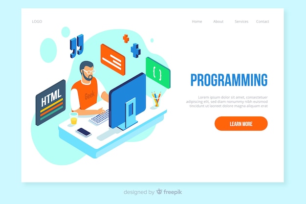 Modelo de página de destino de programação isométrica
