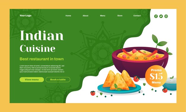 Modelo de página de destino de restaurante indiano gradiente