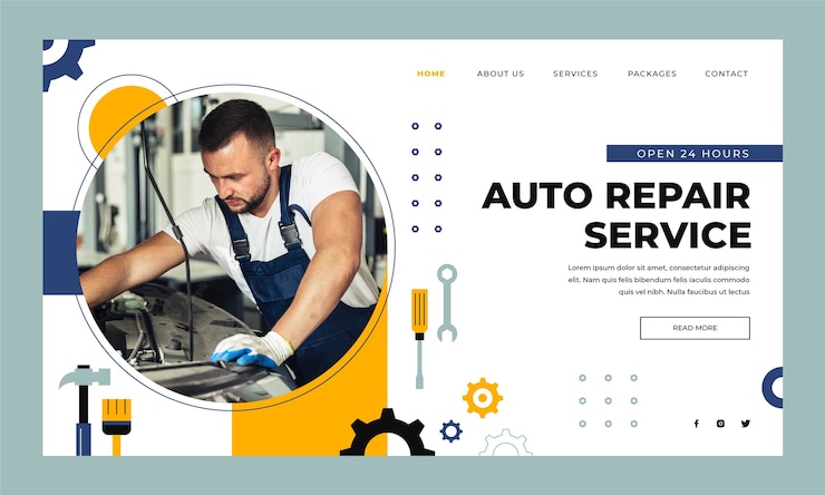Vetor grátis modelo de página de destino de serviços de oficina de reparação de automóveis planos