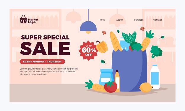 Modelo de página de destino de supermercado desenhado à mão