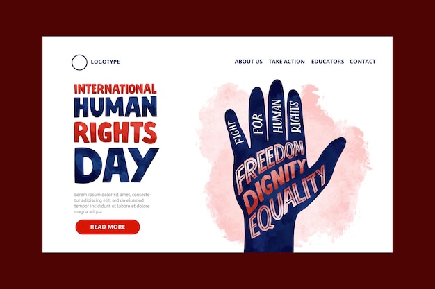Modelo de página de destino do dia internacional dos direitos humanos em aquarela