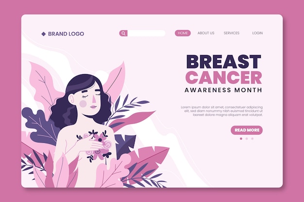 Modelo de página de destino do mês de conscientização do câncer de mama desenhado à mão