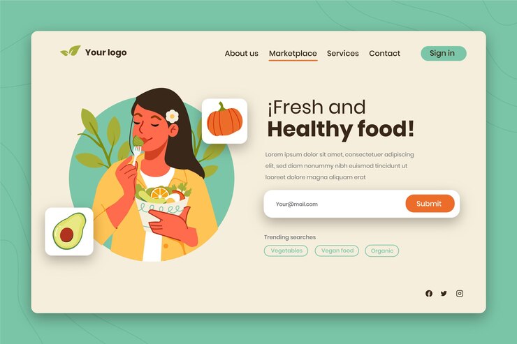 Vetor grátis modelo de página de destino do mundo vegetariano desenhado à mão com mulher comendo salada