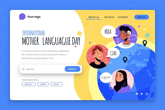 Modelo de página de destino plana internacional em idioma materno