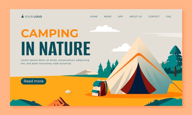 Modelo de página de destino plana para aventura no acampamento