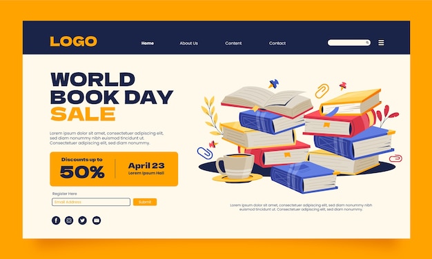 Modelo de página de destino plana para celebração do dia mundial do livro