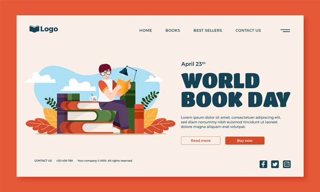 Modelo de página de destino plana para celebração do dia mundial do livro