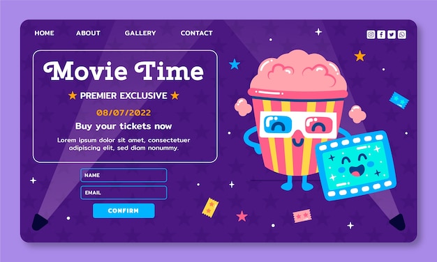 Vetor grátis modelo de página de destino plana para evento de estreia de filme