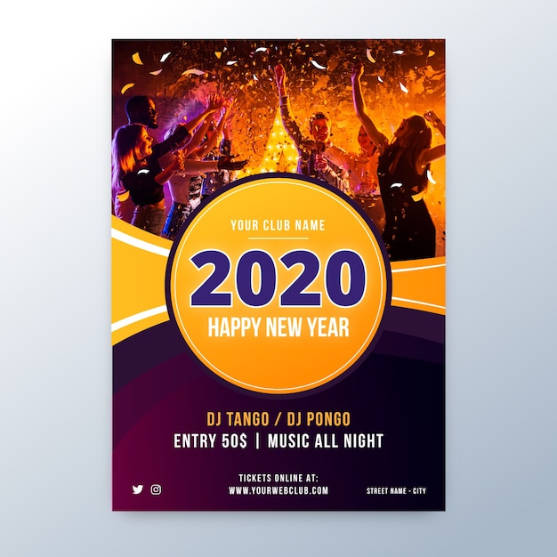 Vetor grátis modelo de panfleto de festa de ano novo 2020 com foto