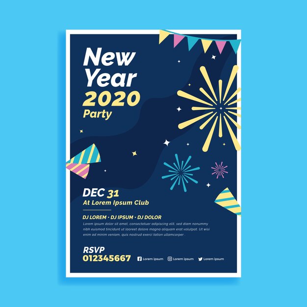 Modelo de panfleto de festa de ano novo de design plano 2020
