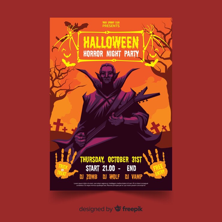 Vetor grátis modelo de panfleto halloween dracula com design plano