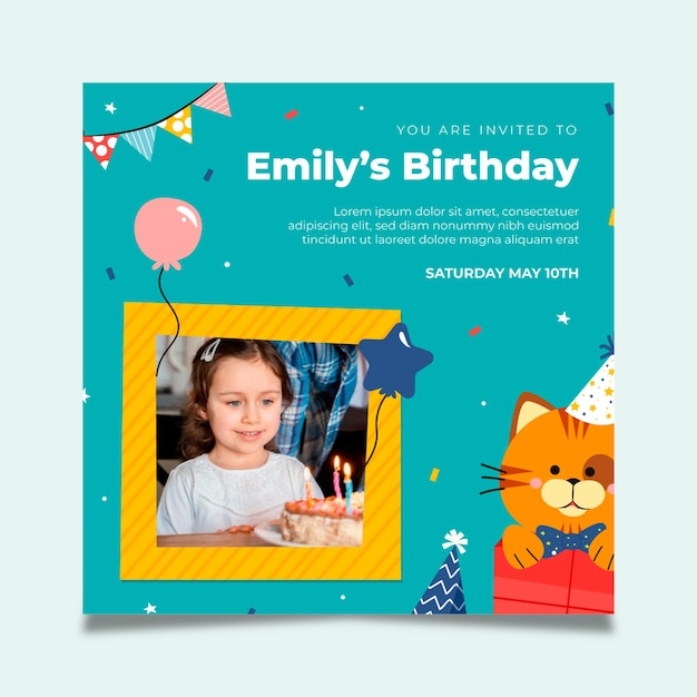 Vetor grátis modelo de panfleto quadrado de aniversário infantil