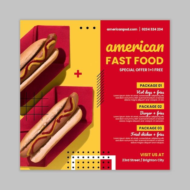 Vetor grátis modelo de panfleto quadrado de comida americana