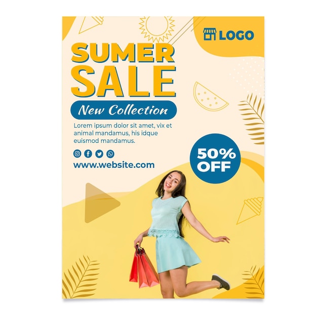 Vetor grátis modelo de panfleto vertical de venda plana de verão