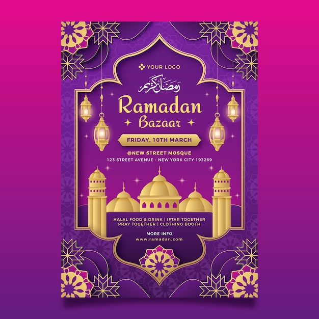 Modelo de panfleto vertical gradiente para a celebração islâmica do Ramadã.