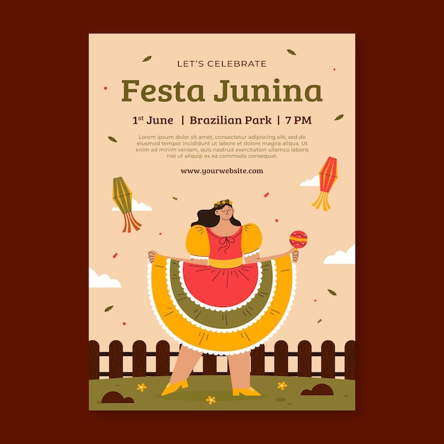 Vetor grátis modelo de panfleto vertical plano para a celebração brasileira das festas juninas