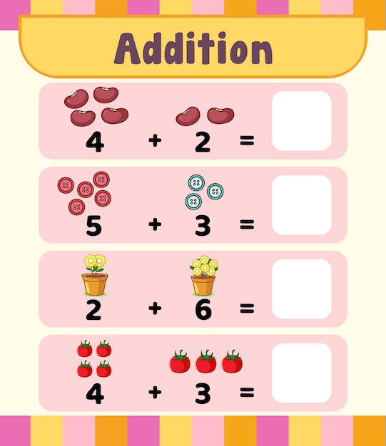 Modelo de planilha de matemática de adição pré-escolar