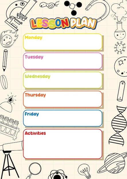 Vetor grátis modelo de plano de lição semanal de segunda a sexta-feira
