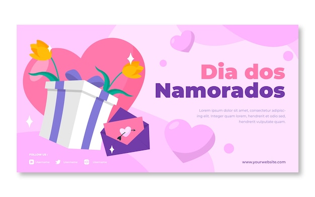 Modelo de postagem de mídia social plana dia dos namorados com presente e flores