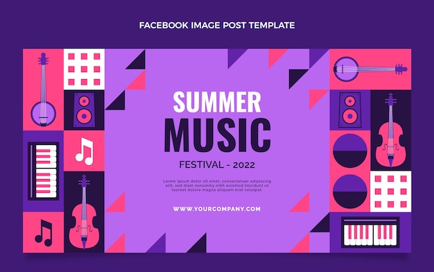 Modelo de postagem do facebook do festival de música de mosaico de design plano