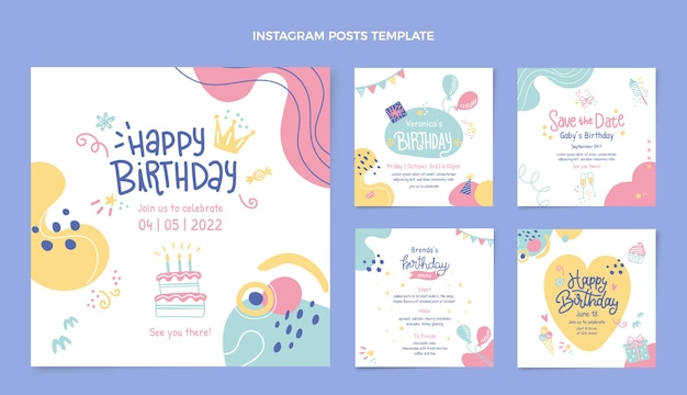 Modelo de postagens de instagram de aniversário desenhado à mão