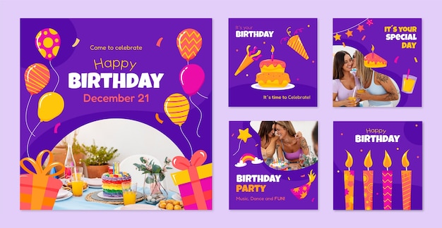 Modelo de postagens do instagram de celebração de aniversário desenhada à mão