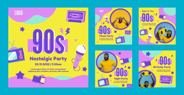 Modelo de postagens do instagram de festa dos anos 90 desenhado à mão
