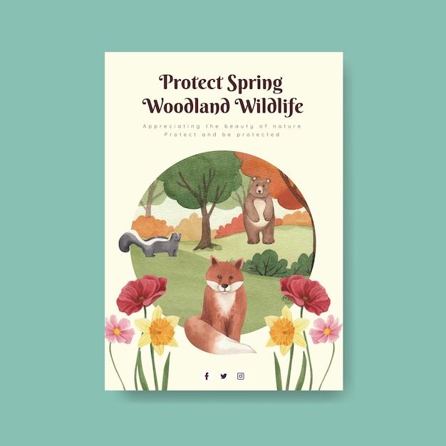 Vetor grátis modelo de pôster com conceito de vida selvagem da floresta de primavera, estilo aquarela