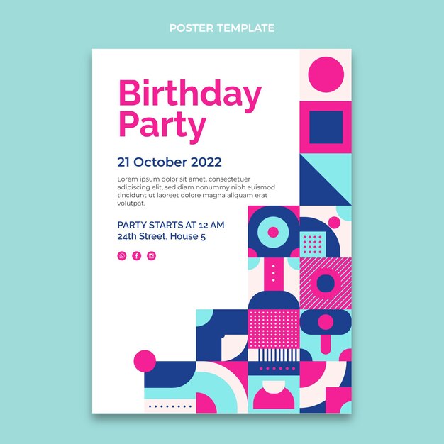 Modelo de pôster de aniversário em mosaico de design plano