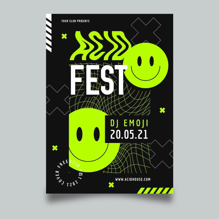 Vetor grátis modelo de pôster de festa emoji ácido de design plano